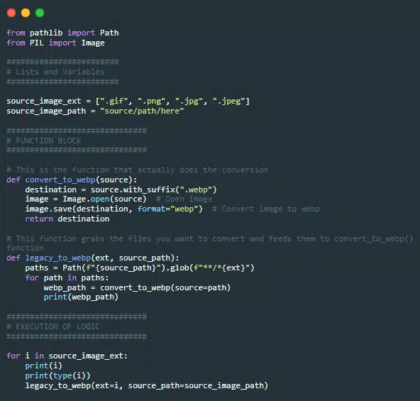 Script to convert images to webp free using python and pillow.
