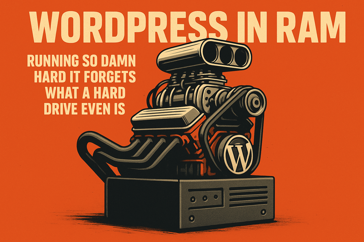 An old car engine with the wordpress logo on the crank pulley - the entire image represents the raw speed of running wordpress in RAM.